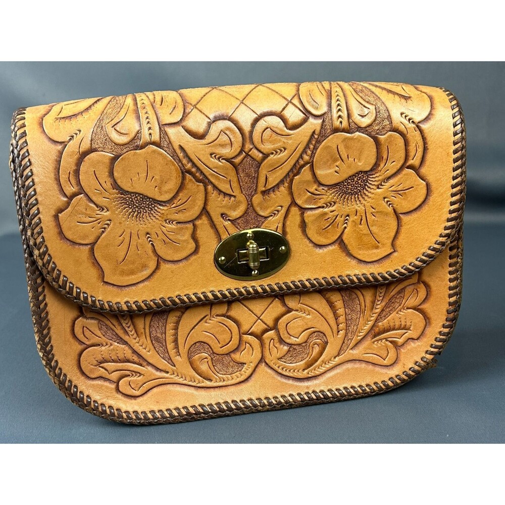 Vintage Mexico Embossed Tooled Floral Tan Leather Purse NO STRAP